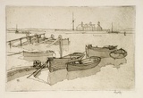 Artist: Hawkins, Weaver. | Title: (Five rowboats and figure) | Date: 1920 | Technique: etching and aquatint, printed in black ink, from one plate | Copyright: The Estate of H.F Weaver Hawkins