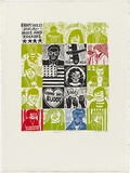 Artist: HANRAHAN, Barbara | Title: Buddy Holly and the Mods and Rockers | Date: 1965 | Technique: linocut, printed in colour from 20 blocks, each separately inked and placed in a grid before printing