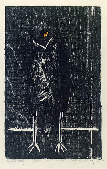 Artist: Buckley, Sue. | Title: Bird in the rain. | Date: 1961 | Technique: woodcut, printed in black ink, from one block; hand-coloured | Copyright: This work appears on screen courtesy of Sue Buckley and her sister Jean Hanrahan