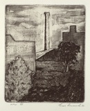 Artist: Anceschi, Eros. | Title: not titled [factories and chimney] | Date: 1986 | Technique: etching and aquatint, printed in black ink, from one copper plate