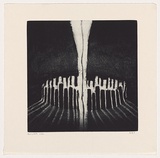 Artist: Miller, Paul S. | Title: not titled [dark blocks contrasted against light area running through middle of composition]. | Date: 2002 | Technique: etching and aquatint, printed in blue/black ink, from one plate