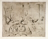Artist: Barwell, Jennifer. | Title: (Two girls in the garden). | Date: (1955) | Technique: drypoint printed in brown ink with plate-tone, from one plate