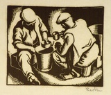 Artist: Hawkins, Weaver. | Title: (Two men drinking from a bucket) | Date: c.1928 | Technique: woodcut, printed in black ink, from one block | Copyright: The Estate of H.F Weaver Hawkins