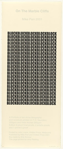 Artist: PARR, Mike | Title: On the marble cliffs. | Date: 2001 | Technique: lithographs, printed in black ink, from one stone; woodcuts, printed in black ink, from one block