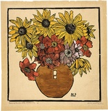Artist: PRESTON, Margaret | Title: Dahlia and sunflower | Date: 1933 | Technique: woodcut, printed in black ink, from one block; hand-coloured | Copyright: © Margaret Preston. Licensed by VISCOPY, Australia