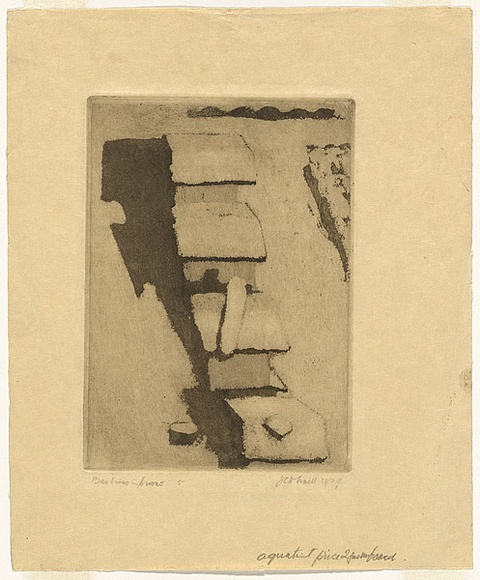 Artist: TRAILL, Jessie | Title: Beehives in the snow. | Date: 1929 | Technique: etching, printed in warm black ink with plate-tone, from one plate