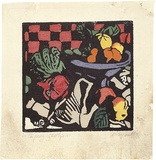 Artist: PRESTON, Margaret | Title: Still life, check | Date: 1925 | Technique: woodcut, printed in black ink, from one block; hand-coloured | Copyright: © Margaret Preston. Licensed by VISCOPY, Australia