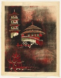 Artist: Thorpe, Lesbia. | Title: Pagodas and pavilions | Date: 1979 | Technique: woodcut, printed in colour, from three blocks