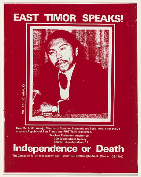 Artist: EARTHWORKS POSTER COLLECTIVE | Title: East Timor speaks! | Date: 1976 | Technique: screenprint, printed in red ink, from one stencil