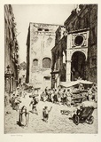 Artist: LINDSAY, Lionel | Title: Little market, San Gaetano, Naples | Date: 1927 | Technique: etching, foulbiting, printed in black ink with plate-tone, from one plate | Copyright: Courtesy of the National Library of Australia