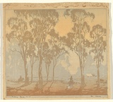 Artist: The Warners. | Title: Making camp | Date: c.1935 | Technique: linocut, printed in colour, from multiple blocks