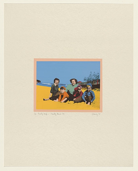 Artist: HARVEY, Geoffrey | Title: Family snap - Clovelly Beach '59 | Date: 1977 | Technique: photo-screenprint, printed in colour, from multiple stencils Artist: HARVEY, Geoffrey | Title: Family snap - Clovelly Beach '59 | Date: 1977 | Technique: photo-screenprint, printed in colour, from multiple stencils