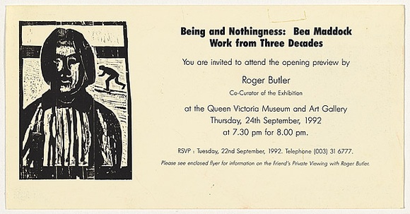 Title: Exhibition invitation QVMAG: Being and nothingness: Bea Maddock work from three decades | Date: 1992