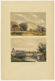 Artist: Angas, George French. | Title: Entrance to the Gorge at Yankalilla; Messrs Arthurs' sheep station, with one of the volcanic wells. | Date: 1846-47 | Technique: lithograph, printed in colour, from multiple stones; varnish highlights by brush