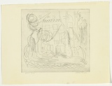 Artist: BOYD, Arthur | Title: Ram and dog with house and trees. | Date: (1968-69) | Technique: etching, printed in black ink, from one plate | Copyright: Reproduced with permission of Bundanon Trust