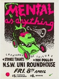 Artist: WORSTEAD, Paul | Title: Mental as anything creature of Leisure - N.S.W. University Roundhouse. | Date: 1982 | Technique: screenprint, printed in colour, from three stencils | Copyright: This work appears on screen courtesy of the artist