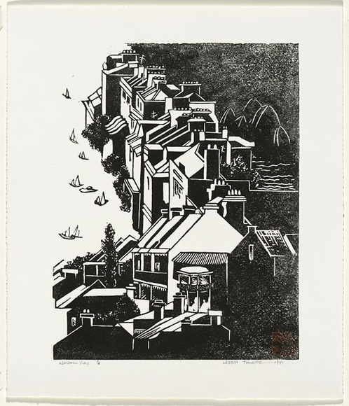 Artist: Thorpe, Lesbia. | Title: Harbour view | Date: 1991 | Technique: linocut, printed in black ink, from one block