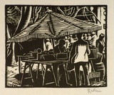 Artist: Hawkins, Weaver. | Title: (street market). | Date: c.1927 | Technique: linocut, printed in black ink, from one block | Copyright: The Estate of H.F Weaver Hawkins