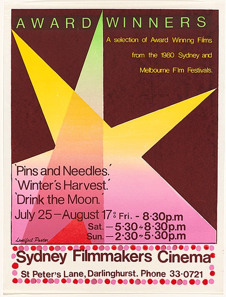 Artist: Lane, Leonie. | Title: Award Winners ... Sydney Filmmakers Cinema. | Date: 1981 | Technique: screenprint, printed in colour, from four stencils | Copyright: © Leonie Lane