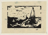 Artist: WILLIAMS, Fred | Title: The yacht | Date: c.1954 | Technique: linocut, printed in black ink, from one block; touched with pen and blue ink and black gouache | Copyright: © Fred Williams Estate