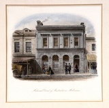 Title: National Bank of Australasia, Melbourne | Date: 1857 | Technique: engraving, hand-coloured