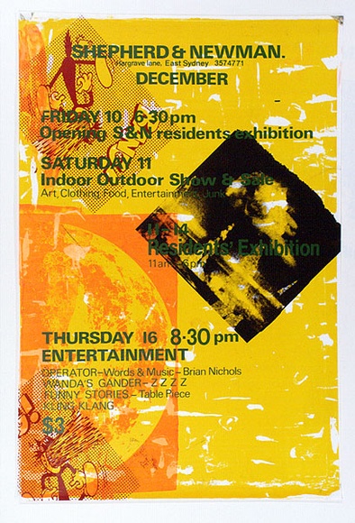 Artist: MERD INTERNATIONAL | Title: Poster: Shepherd and Newman, December Opening S and N residents exhibition | Date: 1984 | Technique: screenprint