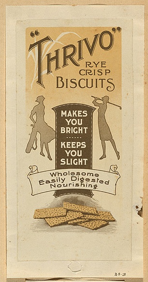 Artist: Burdett, Frank. | Title: Label: Thrivo biscuits. | Date: 1928 | Technique: lithograph, printed in colour, from multiple stones [or plates]
