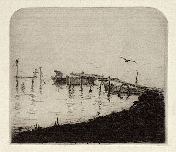 Artist: Bull, Norma C. | Title: (Three boats and pier). | Date: c.1934 | Technique: etching, printed in black ink, from one plate