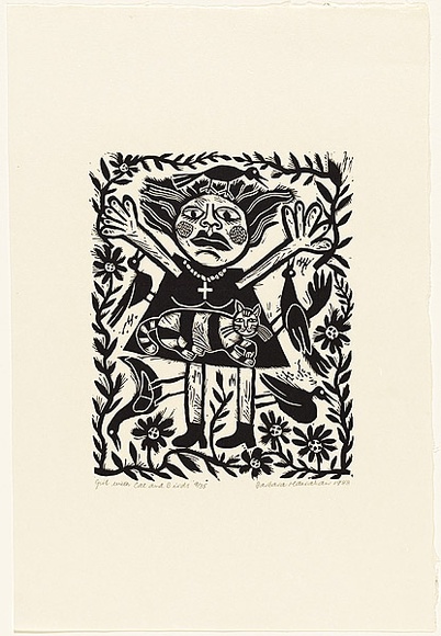 Artist: HANRAHAN, Barbara | Title: Girl with cat and birds | Date: 1988 | Technique: linocut, printed in black ink, from one block