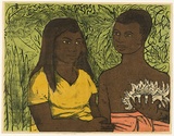 Artist: Crooke, Ray. | Title: (Native girl and boy with conch shell). | Date: c.1973 | Technique: screenprint, printed in colour, from four stencils