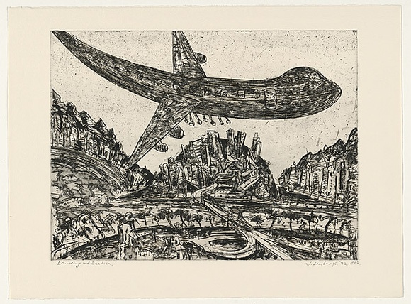 Artist: Senbergs, Jan. | Title: Landing at exotica (dark) | Date: 1992 | Technique: etching, printed in black ink, from one plate | Copyright: © Jan Senbergs