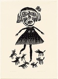 Artist: HANRAHAN, Barbara | Title: Girl with Dogs | Date: 1989 | Technique: linocut, printed in black ink, from one block