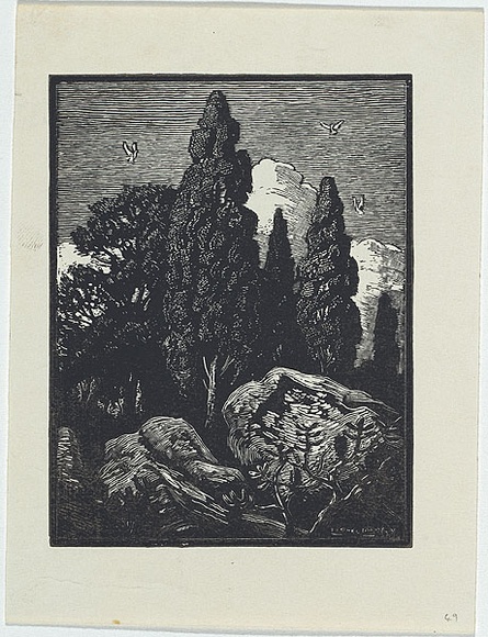 Artist: LINDSAY, Lionel | Title: (Cypresses and rocks) [recto] | Date: c.1922 | Technique: wood-engraving, printed in black ink, from one block | Copyright: Courtesy of the National Library of Australia