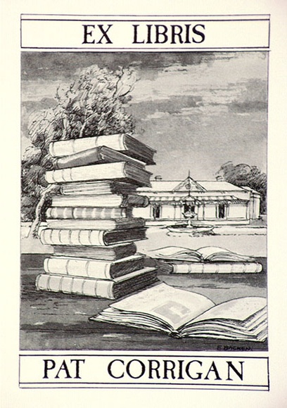 Artist: Backen, Earle. | Title: Bookplate: Pat Corrigan. | Date: c.1984 | Technique: offset-lithograph, printed in black ink