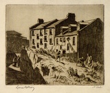 Artist: LINDSAY, Lionel | Title: Old houses built by Lang's masons, Miller's Point, The Rocks, Sydney | Date: 1936 | Technique: etching, printed in brown ink with plate-tone, from one plate | Copyright: Courtesy of the National Library of Australia