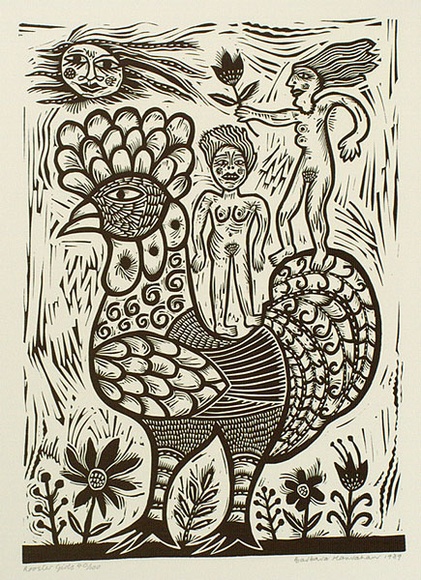 Artist: HANRAHAN, Barbara | Title: Rooster girls. | Date: 1989 | Technique: linocut, printed in black ink, from one block