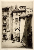 Artist: LINDSAY, Lionel | Title: The Zocodover Gate, Toledo | Date: 1926 | Technique: drypoint, printed in brown ink with plate-tone, from one plate | Copyright: Courtesy of the National Library of Australia