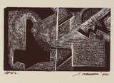 Artist: Marshall, Jennifer. | Title: not titled [geomteric lines and shapes] | Date: 1994 | Technique: linocut, printed in blue ink, from one block