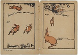 Artist: Rede, Geraldine. | Title: not titled [flirt tails and away! Three leaping rabbits] [part image] | Date: 1905 | Technique: woodcut, printed in colour in the Japanese manner, from multiple blocks | Copyright: © Violet Teague Archive, courtesy Felicity Druce