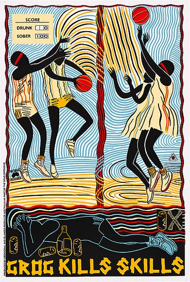 Artist: REDBACK GRAPHIX | Title: Grog kills skills [basketball] | Date: 1988 | Technique: screenprint, printed in colour, from five stencils | Copyright: © Marie McMahon. Licensed by VISCOPY, Australia