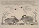 Artist: Jirwulurr Johnson, Amy. | Title: not titled (waterbuffalos and birds) | Date: 2000, November | Technique: lithograph, printed in black ink, from one aluminium plate