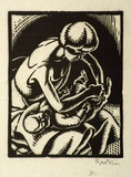 Artist: Hawkins, Weaver. | Title: (Changing a nappy) | Date: c.1927 | Technique: woodcut, printed in black ink, from one block | Copyright: The Estate of H.F Weaver Hawkins