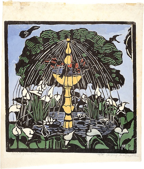 Artist: PRESTON, Margaret | Title: Bird fountain | Date: 1925 | Technique: woodcut, printed in black ink, from one block; hand-coloured | Copyright: © Margaret Preston. Licensed by VISCOPY, Australia