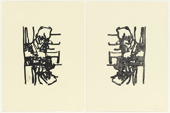 Artist: PARR, Mike | Title: Face to face (diptych). | Date: 2003 | Technique: woodcut, printed in black ink, from one block; lithograph, printed in black ink, from one plate Artist: PARR, Mike | Title: Face to face (diptych). | Date: 2003 | Technique: woodcut, printed in black ink, from one block; lithograph, printed in black ink, from one plate