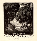 Artist: LINDSAY, Lionel | Title: Book plate: J.W. Gellert | Date: 1923 | Technique: wood-engraving, printed in black ink, from one block | Copyright: Courtesy of the National Library of Australia