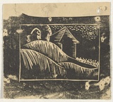 Artist: Burke, Frances. | Title: (House and hills). | Date: c.1938 | Technique: linocut