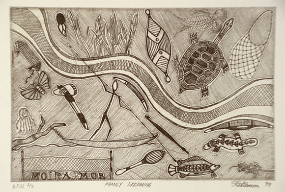Artist: ATKINSON, Kevin | Title: Family dreaming | Date: 1999, April | Technique: etching, printed in black ink, from one plate Artist: ATKINSON, Kevin | Title: Family dreaming | Date: 1999, April | Technique: etching, printed in black ink, from one plate