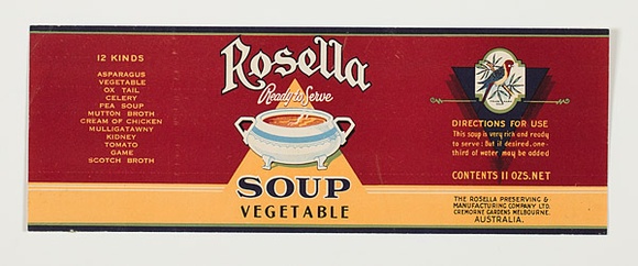 Artist: Burdett, Frank. | Title: Label: Rosella, vegetable soup. | Date: 1932 | Technique: lithograph, printed in colour, from multiple stones [or plates]