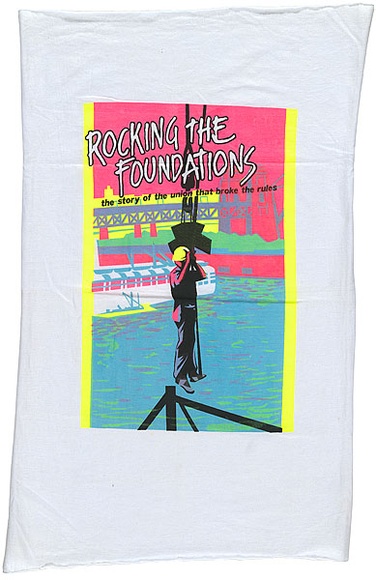 Artist: REDBACK GRAPHIX | Title: T-shirt swatch: Rocking the Foundations. | Date: 1986 | Technique: screenprint, printed in colour, from multiple stencils