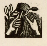 Artist: OGILVIE, Helen | Title: (Hands with hammer and cloth) | Technique: wood-engraving, printed in black ink, from one block